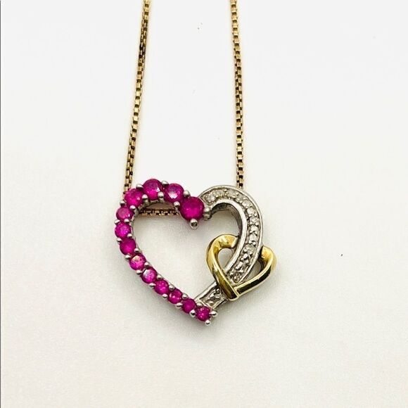 Ruby & Diamond Sterling Silver & 10k Vermeil Heart Necklace - Picture 3 of 7